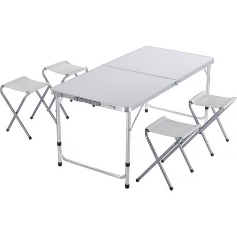 Ensembe table de camping et 4 tabourets pliants - 125 x 60 cm - Blanc