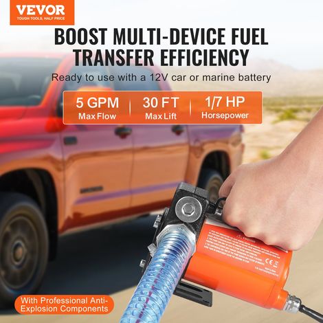 Pompe Transfert Carburant Électrique Portable 12 V CC 5 GPM 19 L/min 1/7 CV Buse de Carburant Arrêt Automatique, Long Tuyau Entrée… (1/5)