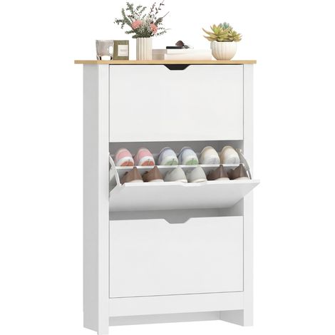 Meuble à chaussures blanc et marron 3 compartiments pour 18 paires dimensions 72 cm x 26 cm x 112 cm rangement pratique (1/5)