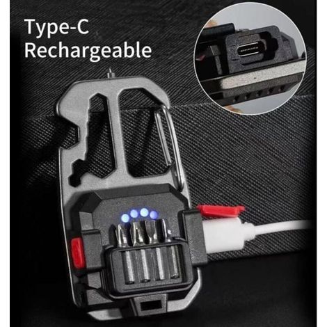 Lampe Porte-Cles - COB Rechargeable 500 Lm - Multifonction 4 Tournevis Decapsuleur Marteau Secours - 7 Modes - 1 Piece (1/4)