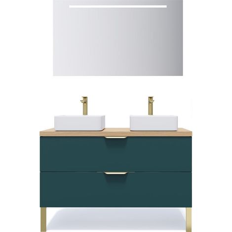 Meuble de salle de bain suspendu 2 vasques à poser 120cm 2 tiroirs Bleu + miroir - Venice (1/5)