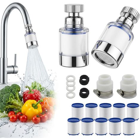 Lot de 2 Filtres pour Robinet 360° avec 10 Recharges, Accessoires de Robinet pour Cuisine, Salle de Bain, Évier, Buanderie et Usage Quotidien