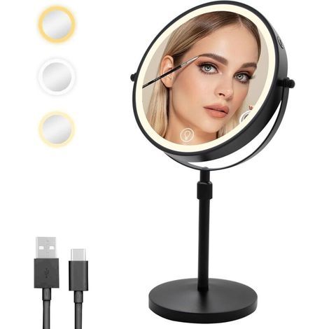 Lighted Magnifying Mirror, 10x Magnifying Mirror on Stand, Adjustable Height and Brightness, 360° Rotation, 3 Light Colors, Ideal for Bedroom, Bathroom, Black (1/4)