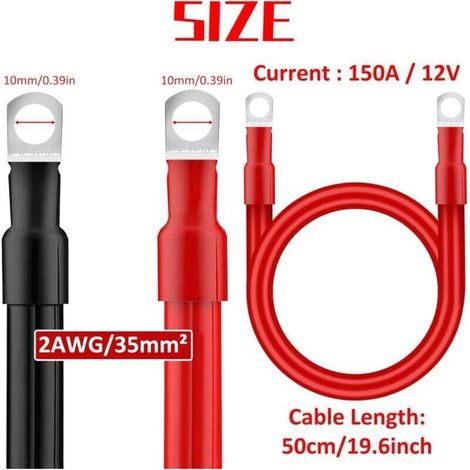 Cable Batterie Voiture 35mm² 50cm Câble Onduleur de Batterie 2AWG 12V Câble de Batterie avec M10 Cosses à œillets pour Camion Auto Moto Marine Solaire Rouge et Noir 2 Pièces