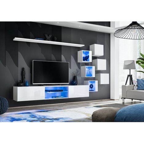 Ensemble meuble TV mural Switch XXI - L 240 x P 40 x H 120 cm - Blanc - Livraison gratuite
