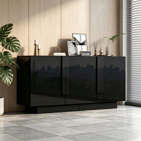Sideboard Schwarz Hochglanz 160 cm Breit, Moderne Kommode mit 3 Türen & Push-to-Open, Wohnzimmerschrank Mehrzweckschrank für Viel Stauraum