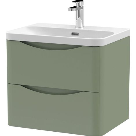 Balterley Dunwood Modern Bathroom Wall Hung 2 Drawer Vanity Unit & Ceramic Basin, Satin Green, 600mm (1/4)