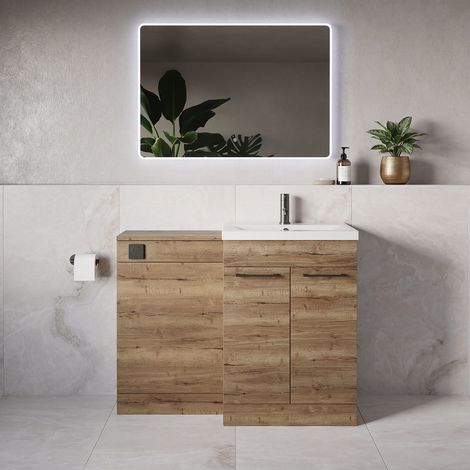 Napoli 390 Tobacco Oak 1100mm 2 Door Vanity Unit Toilet Suite with Glide Basin - 1100mm - Gunmetal Grey 160mm HandleWithout Kingston Toilet Pan