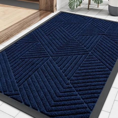 Tapis d'entrée robuste en caoutchouc naturel, retient la saleté et l'humidité, facile à nettoyer, profil bas, triangle irrégulier (29,5 x 17 pouces, bleu royal), compatible avec
