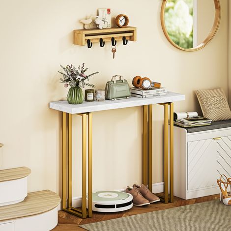 Table console table d'entrée avec plateau imitation marbre structure en acier blanc et or 100 x 30 x 78.5 cm conception robuste