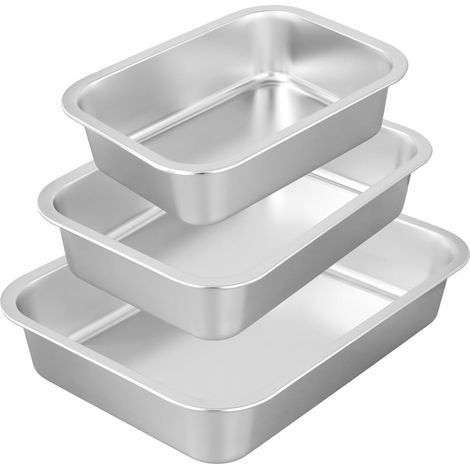 Lot de 3 Plats à Four Rectangulaires en Acier Inoxydable - 27x20cm, 32x22cm, 36x27cm - avec Poignées - pour Gratin, Lasagne, Rôtis - Plateau de Cuisson pour Four et Barbecue (1/5)