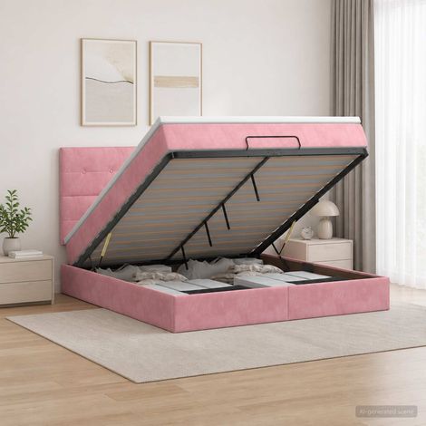 vidaXL Lit coffre avec matelas et LED Rose 140 x 200 cm Velours (1/5)