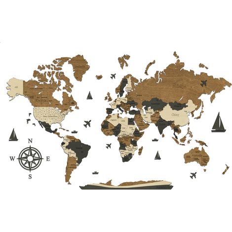 Mapa del mundo de madera 3D, modelo n.º II. Fronteras + nombres de países, capitales y estados. 160 x 100 cm. (1/5)