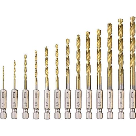 Foret Hélicoïdal en HSS 13Pcs Forets Hexagonaux en Acier Rapide avec Revêtement en Titane 1,5 Mm - 6,5 Mm pour Perçage du Bois/Métal/Plastique (1/5)