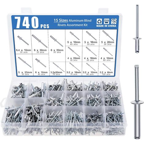 Lot de 740 rivets aveugles en aluminium de 6,4 mm/6 mm/5 mm/4 mm/3,2 mm à tête bombée pour meubles, machines, appareils électriques (1/5)