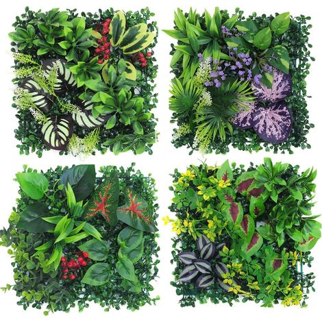 Mur de plantes d'extérieur - Lot de 4 plantes artificielles - 25 x 25 cm - Décoration pour mur, balcon et jardin (hybride 06) (1/5)