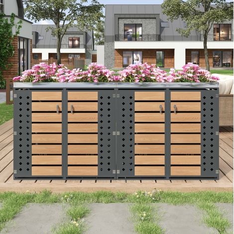 Armario para cubos de basura de jardín de acero galvanizado gris y efecto madera, 4 compartimentos, con jardinera y cierre (1/5)