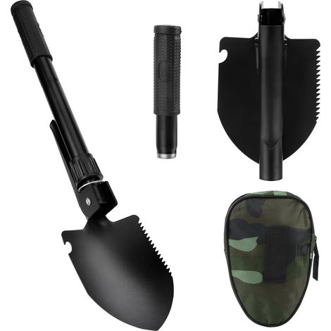 Mini pelle pliante multifonctionnelle en acier au carbone avec sac de transport, idéale pour le camping, la randonnée et les activités de plein air. (1/5)