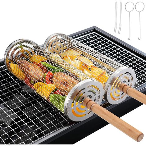 2-Piece BBQ Grid – Stainless Steel Rolling Grill Cylinder – 30 cm – Wooden Handle – Rotating Drum Basket – Ideal for Camping and Garden (1/5)