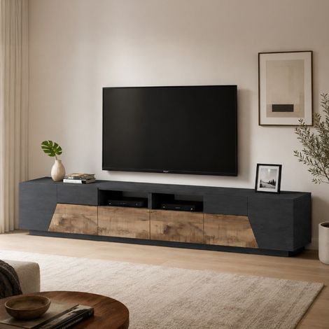 TV-Schrank Gregorio, niedriges Wohnzimmer-Sideboard mit 4 Türen, Fernsehständer-Basis, 100 % Made in Italy, 260 x 43 x 46 cm, Schiefer und Ahorn, (1/5)