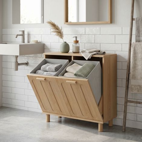 URBAN MEUBLE Meuble Panier à Linge Basculant avec Sac Amovible, Étagère de Salle de Bain, Effet Chêne