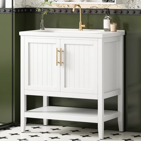 Badmöbel Waschtisch mit Unterschrank 80cm - Keramik-Waschbecken bodenstehender Schrank aus MDF - Weiß (1/5)