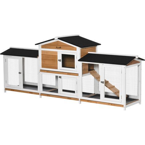 2-Tier Large Rabbit Hutch Outdoor with Double Side Run Boxes, No-leak Plastic Tray, Ramp, 230 x 53 x 93.5cm, White (1/5)