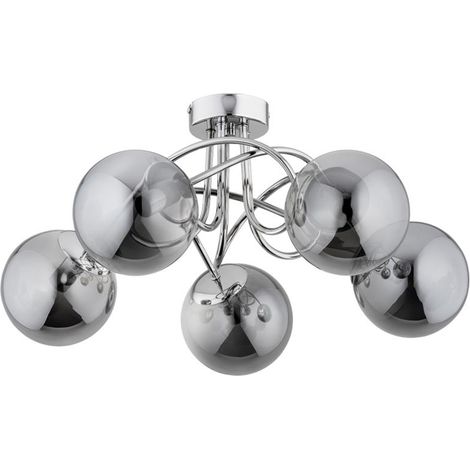 Alfa BANKO 5-Light Chrome & Graphite Ceiling Light with 5 Smoked Glass Globes, 51cm Modern Classic Flush Mount Lamp, E14 sockets max 10W, IP20 Indoor