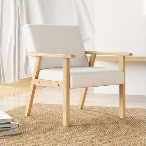 Sillón escandinavo de lino con estructura de madera, asiento ancho, cojines gruesos, color blanco crema (1/5)