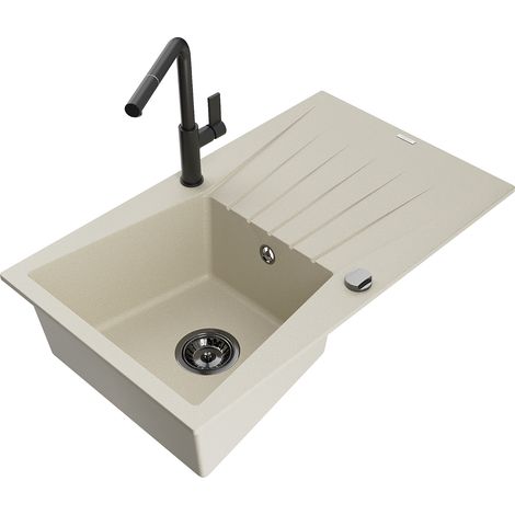Mexen Cesar 1 Becken-Granitspüle mit Abtropffläche und Mischbatterie Flora, Beige - 6514-69-670401-7 (1/5)