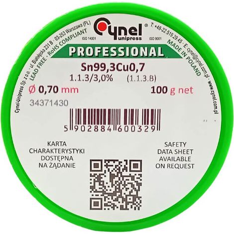 Soudure sans plomb avec flux Sn99,3Cu0,7-1,1,3/3,0% Ø 0,70 100 g (Cu1) pour brasage tendre manuel et automatique, étain colophane