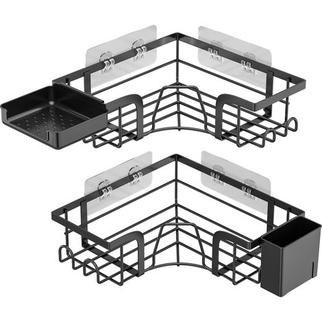 Set de 2 Paniers d’Angle de Salle de Bain Muraux Adhésifs, Sans Perçage, en Métal Noir, avec Porte-Éponge/Porte-Brosse et Crochets, pour Douche et Salle de Bain