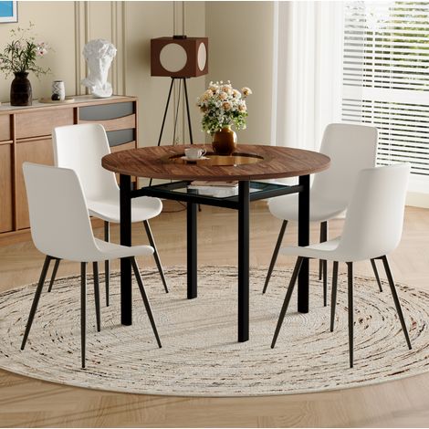 Set de mesa redonda de 100 cm con 4 sillas de PU blanco, efecto madera marrón (1/5)