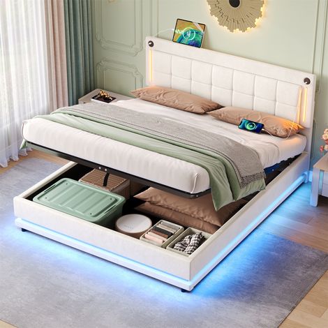 4ft6 Double LED Hydraulic Storage Bed with Charging Station & Smart Light Control - Adjustable Velvet Tufted Headboard, USB/Type-C Ports, Beige Bed Frame (No Mattress) (1/5)