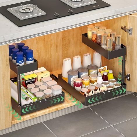 Organisateur de Rangement Sous Évier Cuisine en Métal – Système Extractible et Réglable en Hauteur, Aménagement Universel pour Placard de Cuisine et Salle de Bain (1, Nero) (2, Noir) (1/5)