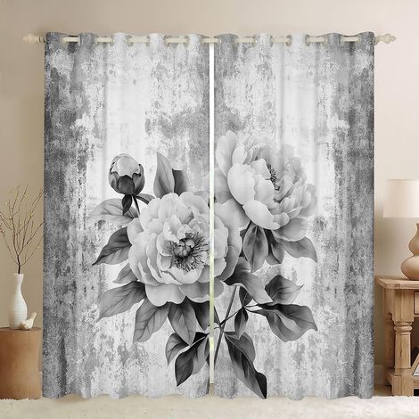 Rideau Occultant 140x260 cm Aquarelle Peony Floral, Rideau Peinture À l'huile Abstraite, Rideaux Voilage Ferme Rustique, Voilage Fenetre Fleurs Blanches Grises pour Chambre Salon - 140L X 260H cm (2 P (1/5)