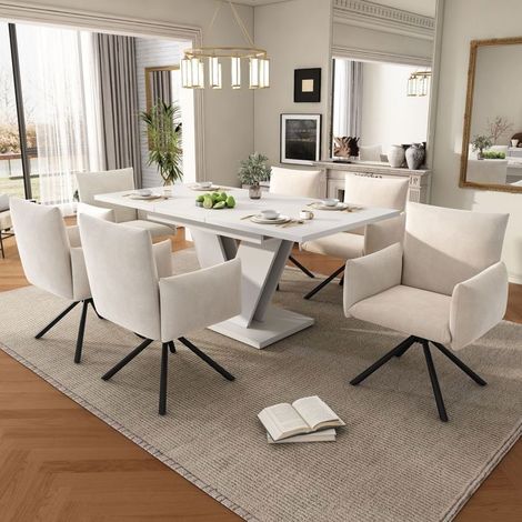 Ensemble Table et Chaises 6 Chaises 120/160 x 80 cm plateau extensible plateau épaissi pieds en V table blanche chaises beiges (1/5)