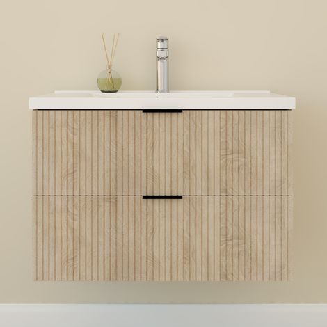 Aica Meuble de Salle de Bain suspendu 80 cm Chêne avec 2 tiroirs + vasque Céramique