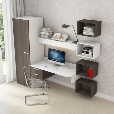 Scrivania sospesa design con mensola luminosa, pensili e armadio - Bianco e Olmo (1/5)