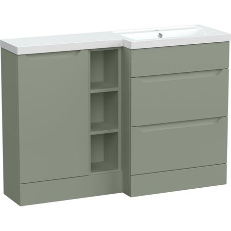 Teddesley Contemporary Floor Standing 1 Door, 2 Drawer Vanity Basin Unit with Open Shelf and Polymarble Basin, 1200mm, Right Hand, Fern Green