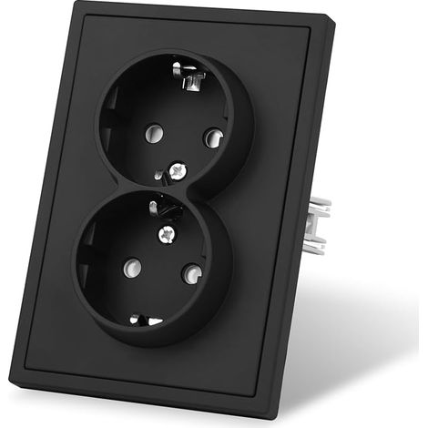 Matt Schuko Double Socket with Clamp Claws Double Schuko Recessed Socket Protective Contact Plastic Plates with Skin Feel 80mm x 118mm Black (1/5)