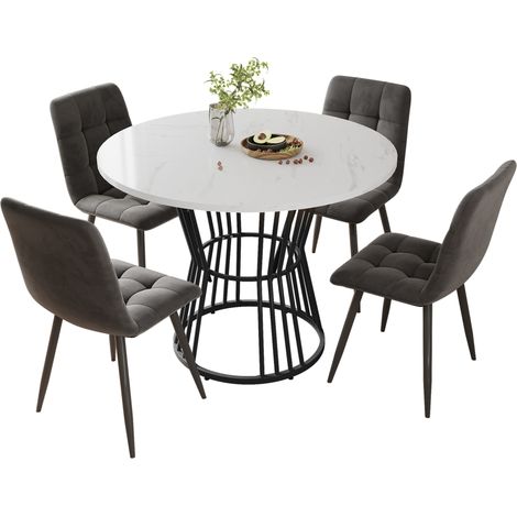 Conjunto comedor 5 piezas mesa redonda Ø100 cm MDF efecto mármol y 4 sillas de terciopelo (1/5)
