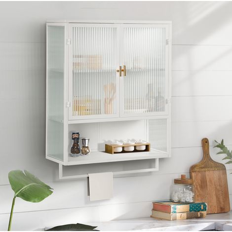 Armoire murale en métal blanc avec portes en verre trempé, 60x23x78 cm, 2 portes, étagère ouverte et barre (1/5)