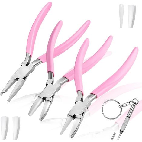 Set de 3 Pinces à Lunettes Bec Rond Bec Plat à Mâchoires Nylon Pince Ajustage Plaquettes Nasales Avec Tournevis Inox Rose (1/5)