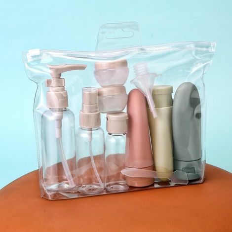 Juego de 11 botellas de artículos de aseo portátiles para viaje, envases recargables a prueba de fugas con bolsa de almacenamiento. (1/5)