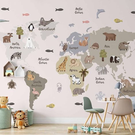 Papier peint mural - Carte pastel - animaux et continents pour chambre d'enfant (1/5)