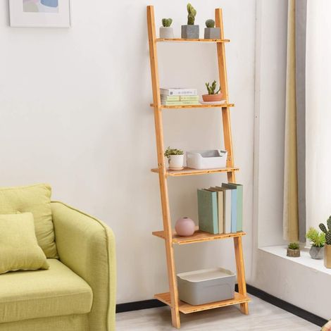 COSTWAY Leiterregal Bambus, 5 Ebenen Bücherregal, Standregal schmal, für Heimbüro, Wohnzimmer, 43 x 35 x 165 cm