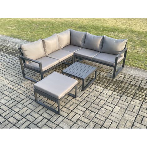 Fimous Outdoor Garden Furniture Set Aluminium Lounge Sofa Square Coffee Table Sets with Big Footstool Indoor Conservatory Set Dark Grey (1/5)