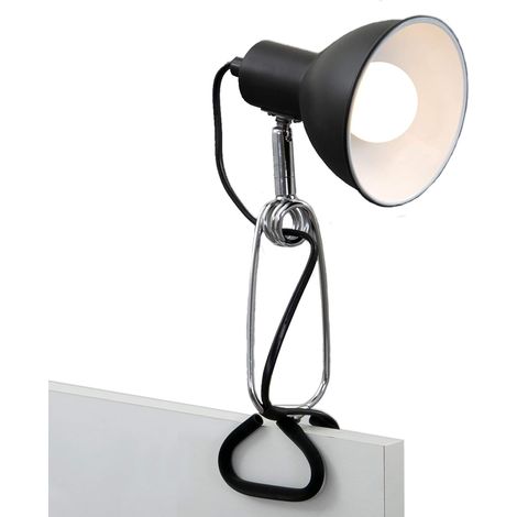 1 lampe à pince, métal noir-chrome, tête rotative et pivotante, interrupteur à câble, e14 max 8w, pour bureau et chambre (1/5)