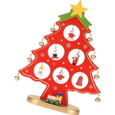 Déco de Noël en bois massif, petit sapin de table avec mini ornements, décoration de bureau et étagère, rouge, 22 x 17 x 5,5 cm, 120 g, 1 pièce (1/5)
